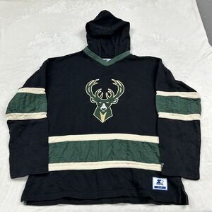 Starter Milwaukee Bucks Hoodie Mens XXL Black Green Jersey Style Pullover NBA
